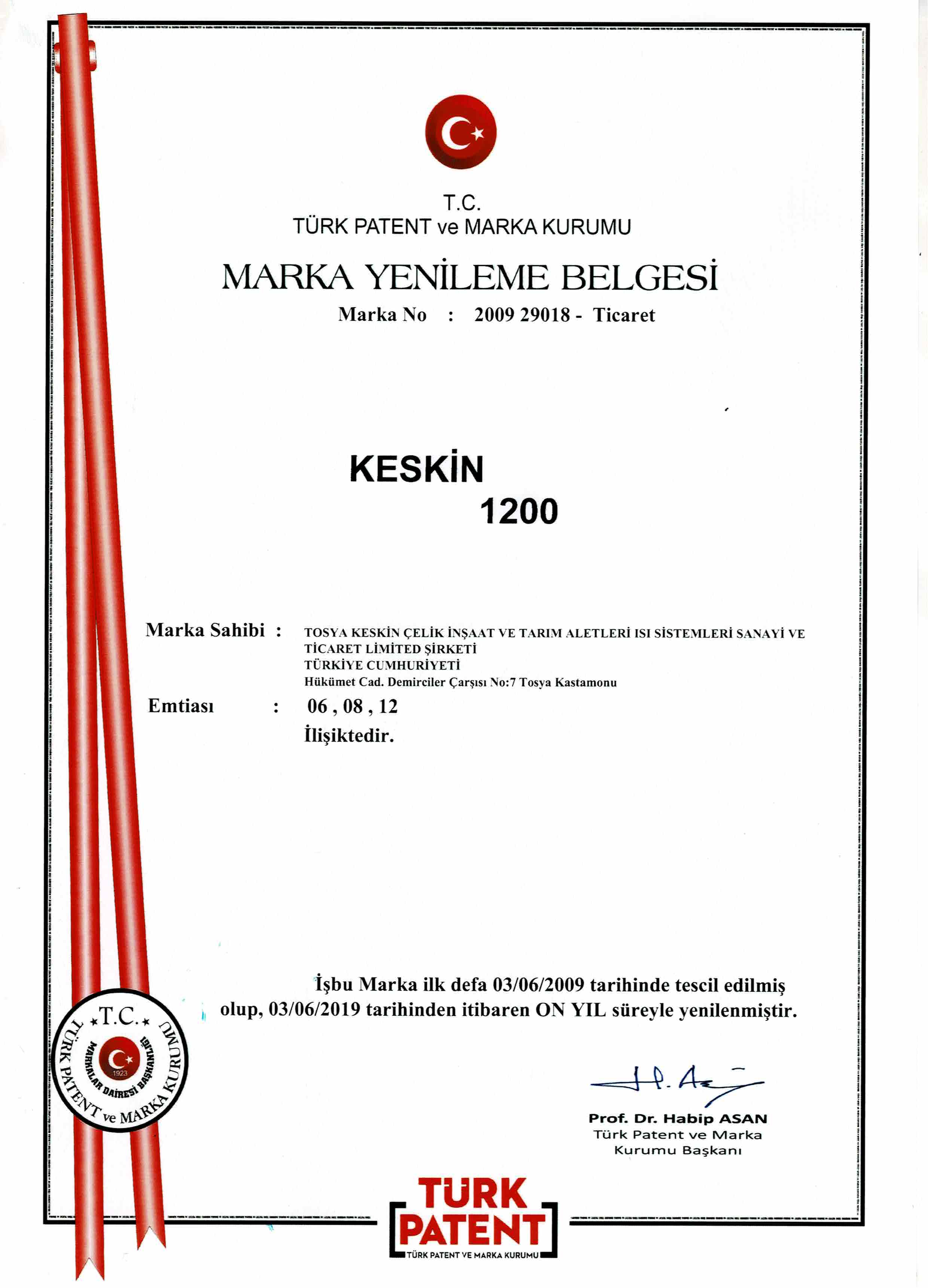 شهادة تجديد العلامة التجارية KESKIN 1200